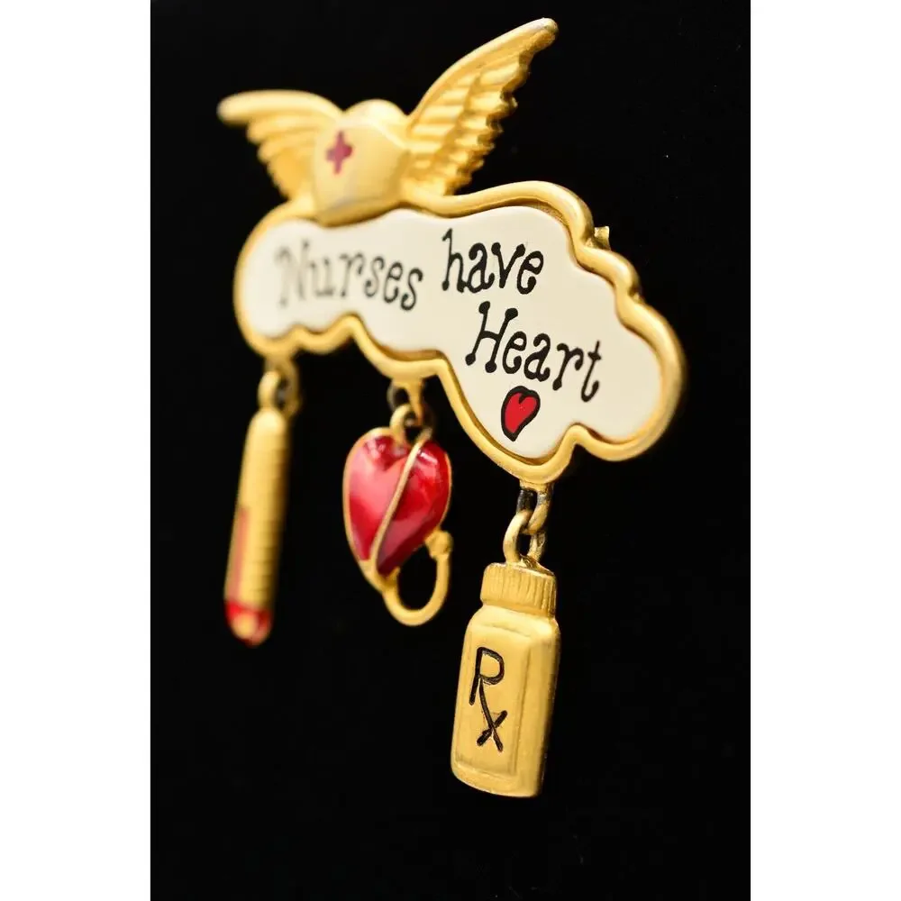 Tara Vintage Nurse Pin Brooch Gold Charms Nurses Have Heart Angel Signed BinAL